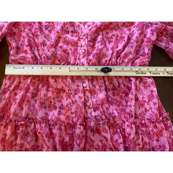 Taylor Pink Floral Print Dress 12 V-Neck Button Front Tiered Midi Lined Artsy - Picture 9 of 15
